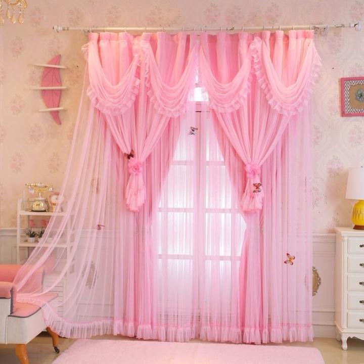 窗帘梦幻公主风蕾丝粉红少女浪漫小清新结婚窗帘布纱一体主播背景