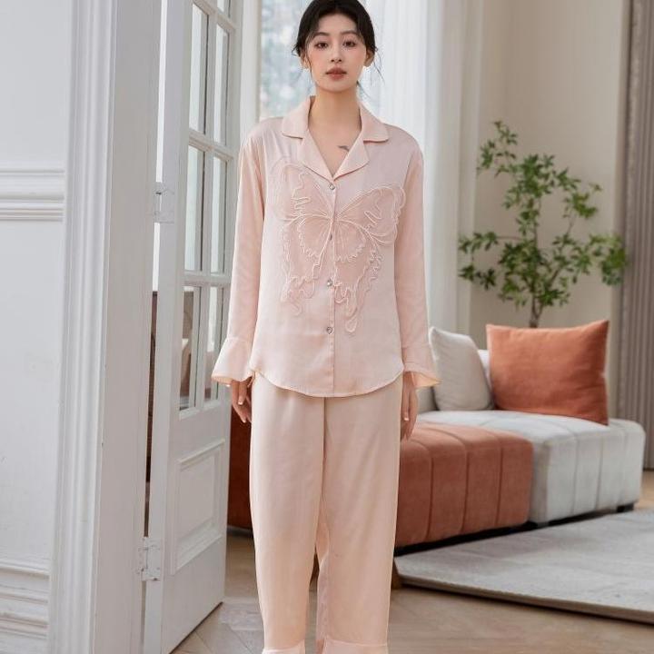 网红春秋甜美纯欲蝴蝶女性感冰丝睡衣套装可外穿两件套家居服可爱