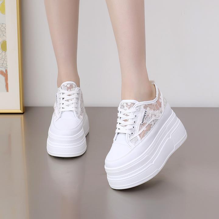 增高12cm网面透气小白鞋女夏季新款蕾丝百搭小个子厚底松糕休闲鞋