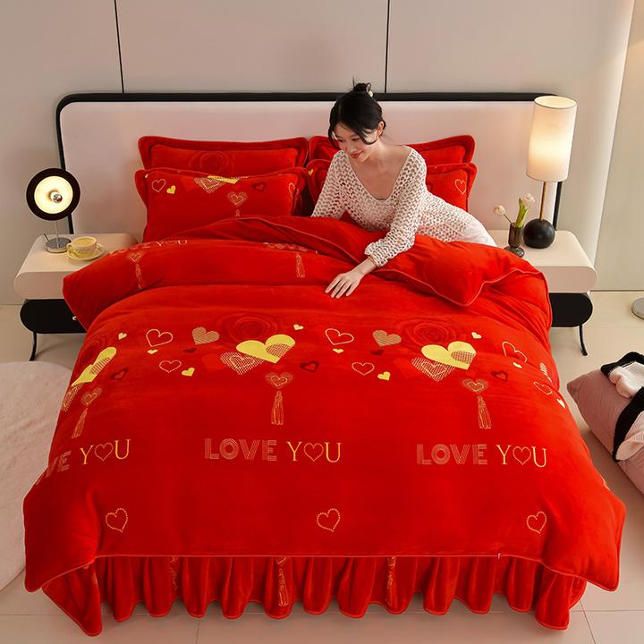 结婚系列 大红婚庆加厚牛奶绒四件套双面加绒被套床裙珊瑚绒保暖