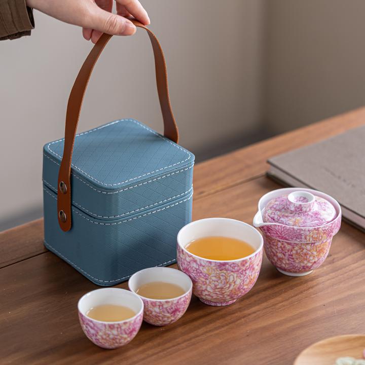 高档珐琅彩旅行功夫茶具套装家用户外便携式一壶三杯陶瓷快客套装