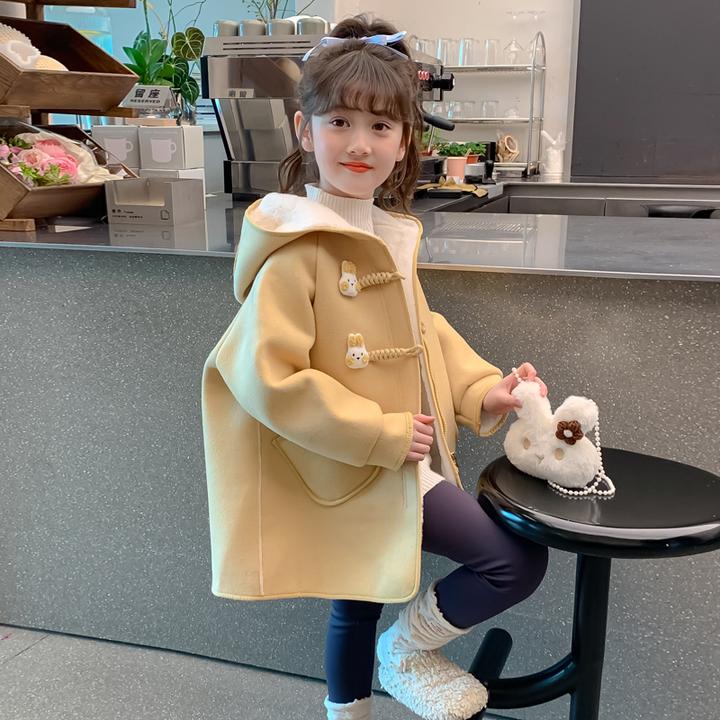女童秋冬装外套2024新款儿童女孩冬季加绒加厚中长款卡通毛呢大衣