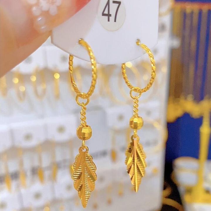 正品 精美金色叶子耳环女气质长款不掉色耳圈耳扣爆款