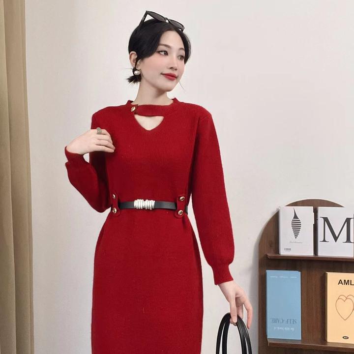 设计感中长款慵懒风毛衣裙女宽松遮肉2025秋冬新款针织过臀打底裙