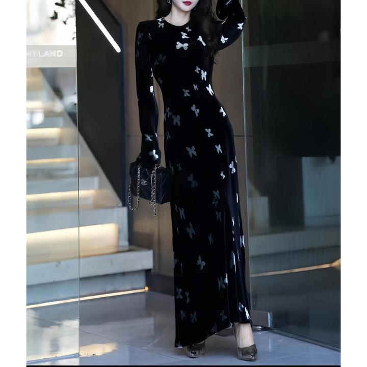 ZEROYK赫本风连衣裙优雅名媛气质设计感蝴蝶印花真丝丝绒气质长裙