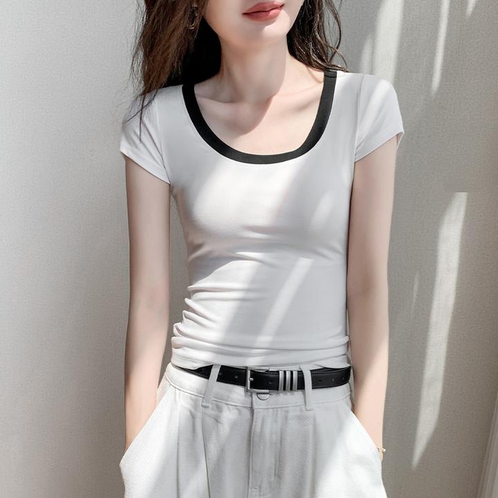 撞色大圆领短袖t恤女2024夏季新款设计感小众别致衬衫内搭打底衫