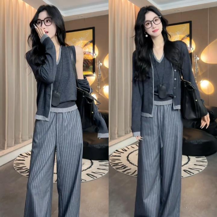 新款小个子简约网红时尚百搭撞色拼接针织开衫+拼接V领无袖马甲女