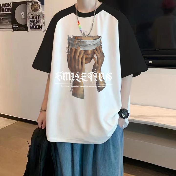 100%纯棉男士短袖t恤ins夏季拼接撞色宽松情侣款重磅半袖圆领体恤