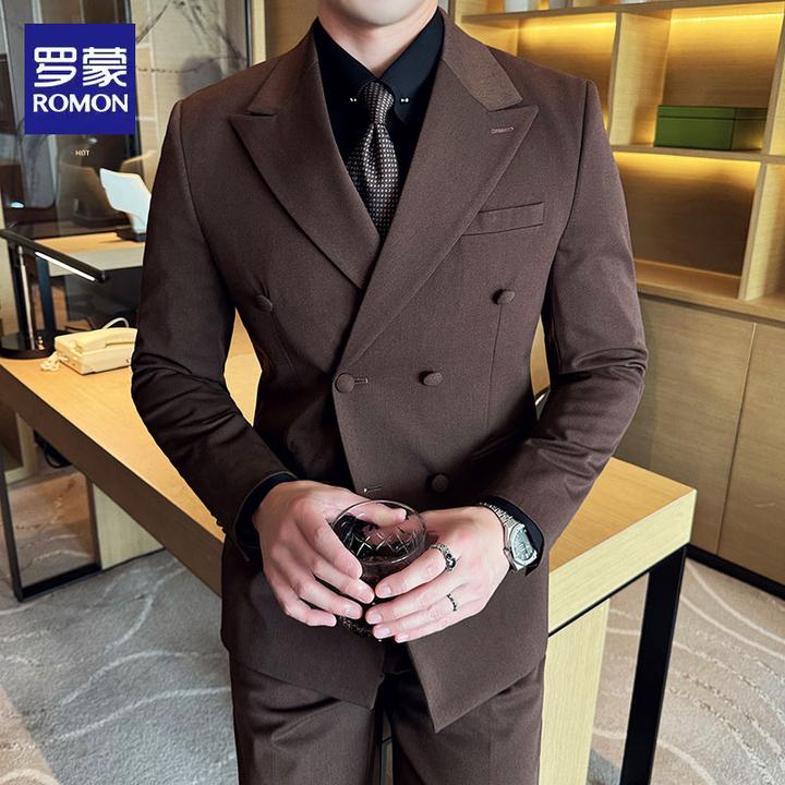 Romon/罗蒙春秋季新款轻奢正装男士西服套装高级三件套外套西装