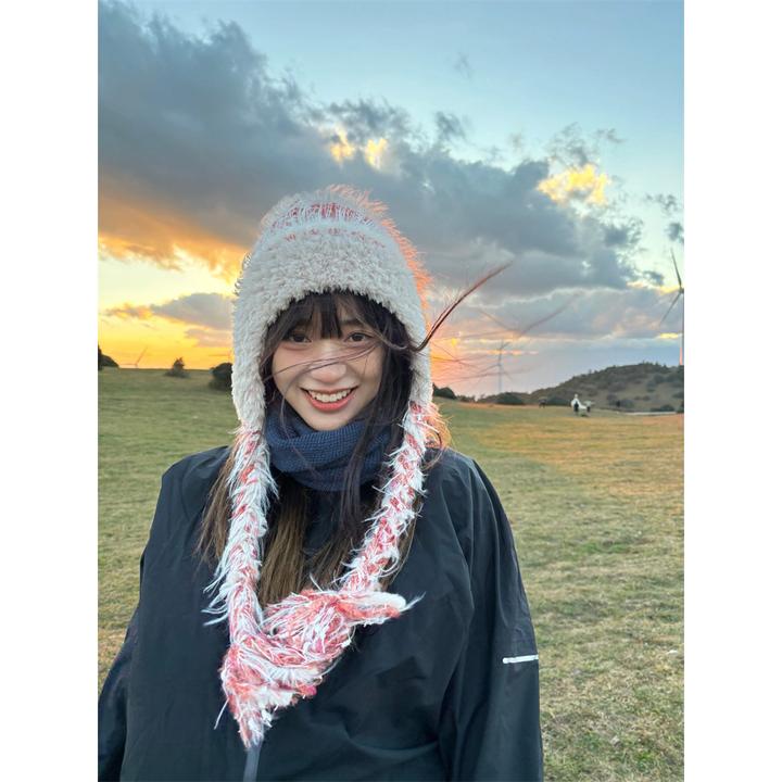 民族风条纹拼接针织毛线帽秋冬女加厚保暖防寒护耳套头帽雷锋帽