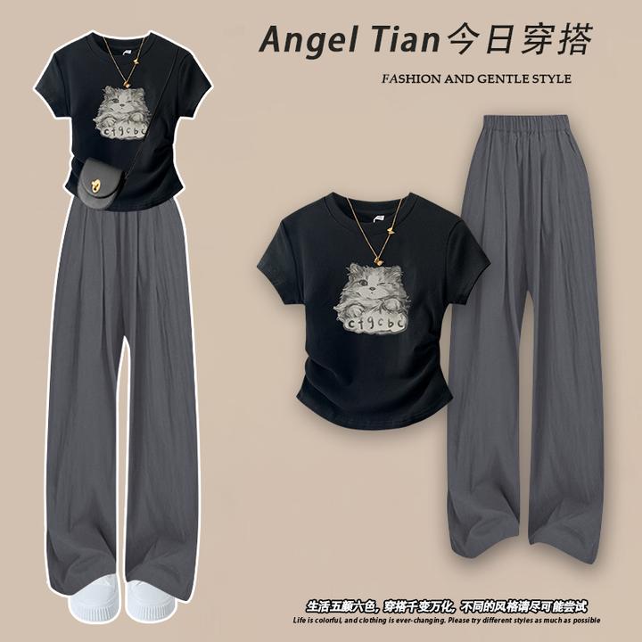 梨形身材穿搭套装女夏季新款套装短袖印花T恤+高腰阔腿裤两件套潮