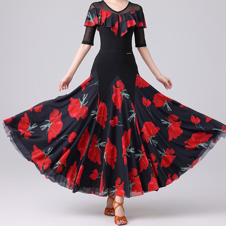 摩登舞服装夏季新款女士网纱印花时尚长裙拉丁国标广场跳舞练功服