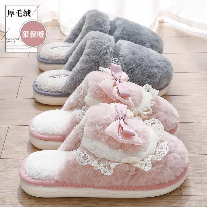 蝴蝶结棉拖鞋女士秋冬季室内家居2025新款防滑厚底毛绒保暖拖鞋女