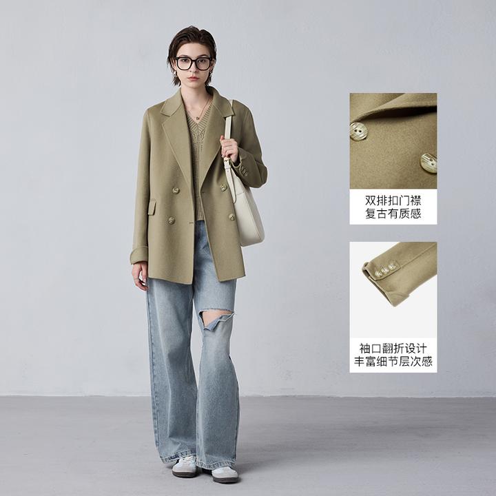 MSLAN【商场同款】新款气质黑色厚大衣直身翻驳领双面呢外套MFDW189