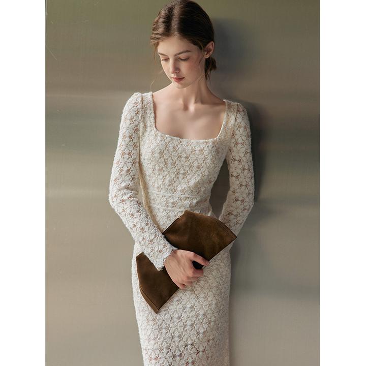 Mix Selection｜绒面蕾丝法式方领24新款长袖收腰气质裙MSCIQ0871