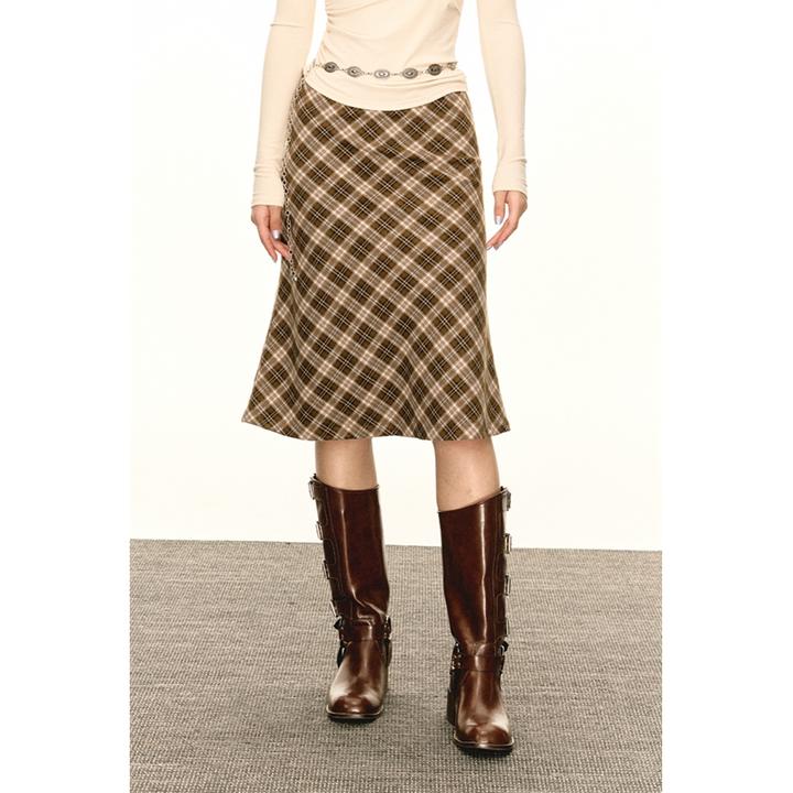 美式复古辣妹格子半身裙女2024秋季新款设计感修身裙子中长款A字