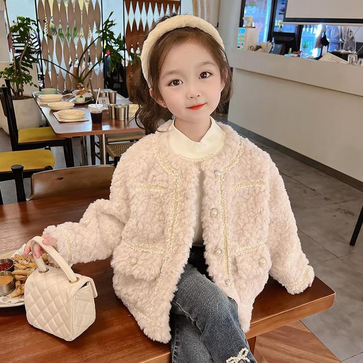 巴拉童年女童小香风外套秋冬加绒女孩宝宝羊羔绒上衣冬季衣服洋气