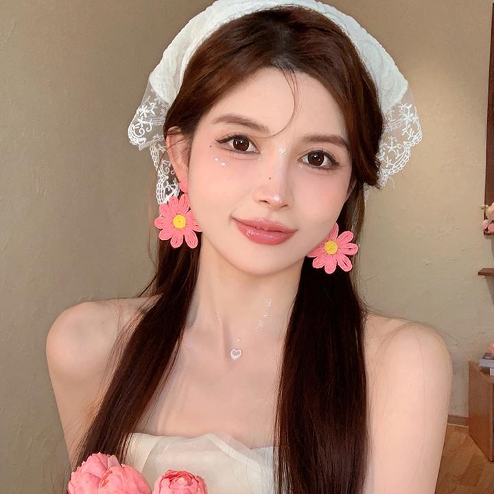 非金属布艺耳饰 唯美太阳花耳环新款夸张花朵耳坠小众设计感耳钉