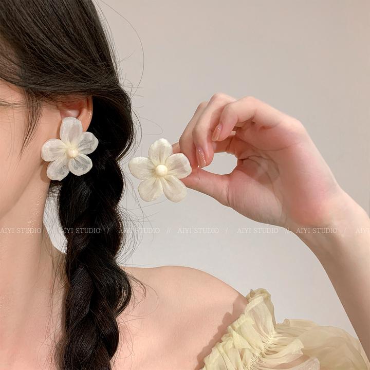 非金属布艺耳饰 超仙网纱花朵耳钉 2025年新款耳环气质大气耳饰女