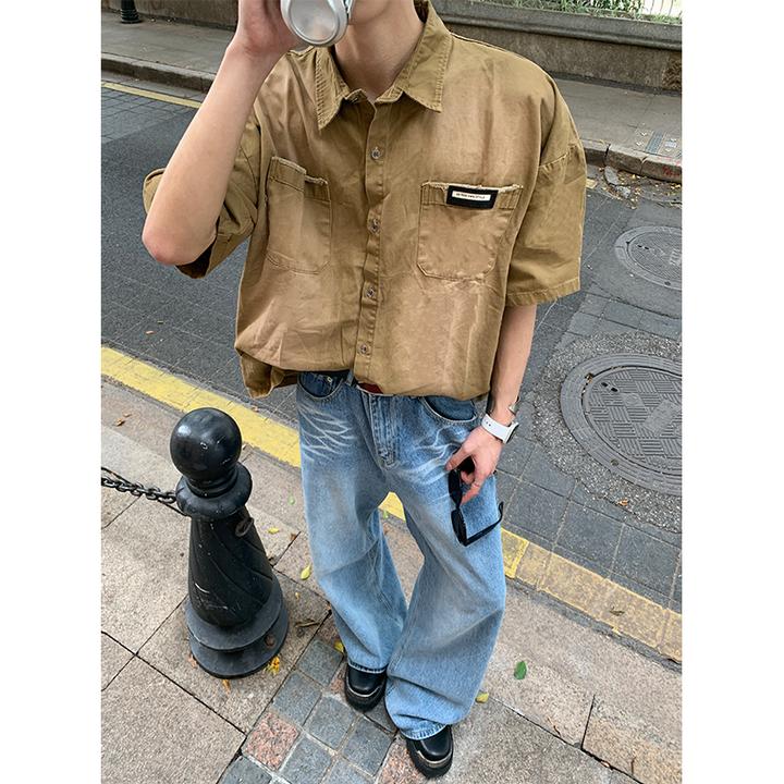 棕色牛仔短袖衬衫女款夏季潮牌痞帅休闲衬衣日系工装风上衣外套潮