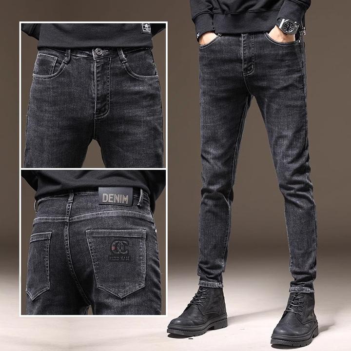 高端黑色弹力牛仔裤男潮流修身小脚秋冬季加绒男装复古潮牌长裤子