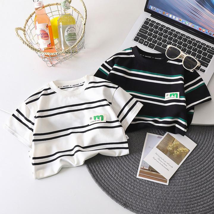 儿童条纹短袖棉男宝宝夏季条纹T恤运动上衣半袖洋气休闲帅气短袖