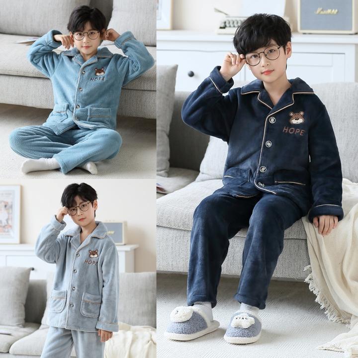 噜噜牛儿童睡衣男孩秋冬季法兰绒加厚款男童青少年大童珊瑚绒睡衣