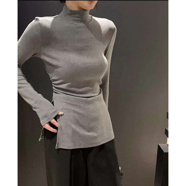 翰代维双面德绒长袖T恤女秋冬季新款百搭修身开叉半高领打底上衣