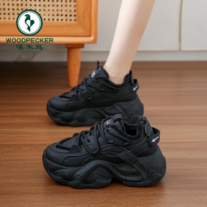 啄木鸟加绒保暖老爹鞋女2024秋冬学生运动跑步鞋休闲厚底增高鞋