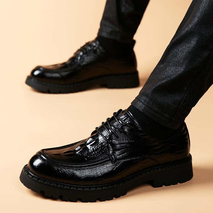 透气男鞋夏季2025新款厚底鳄鱼纹休闲商务皮鞋男款真皮英伦结婚鞋
