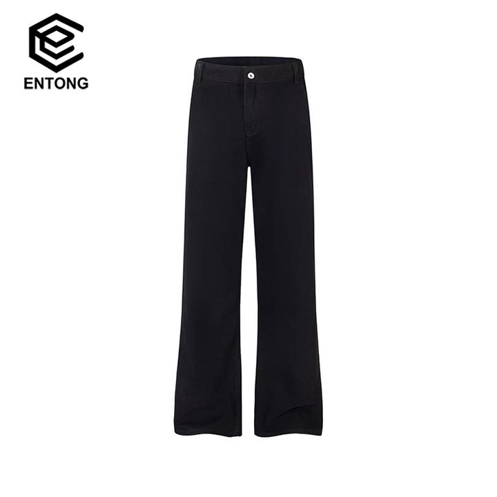 Entong黑色微喇牛仔裤男cleanfit宽松直筒大码美式高街潮牌休闲裤