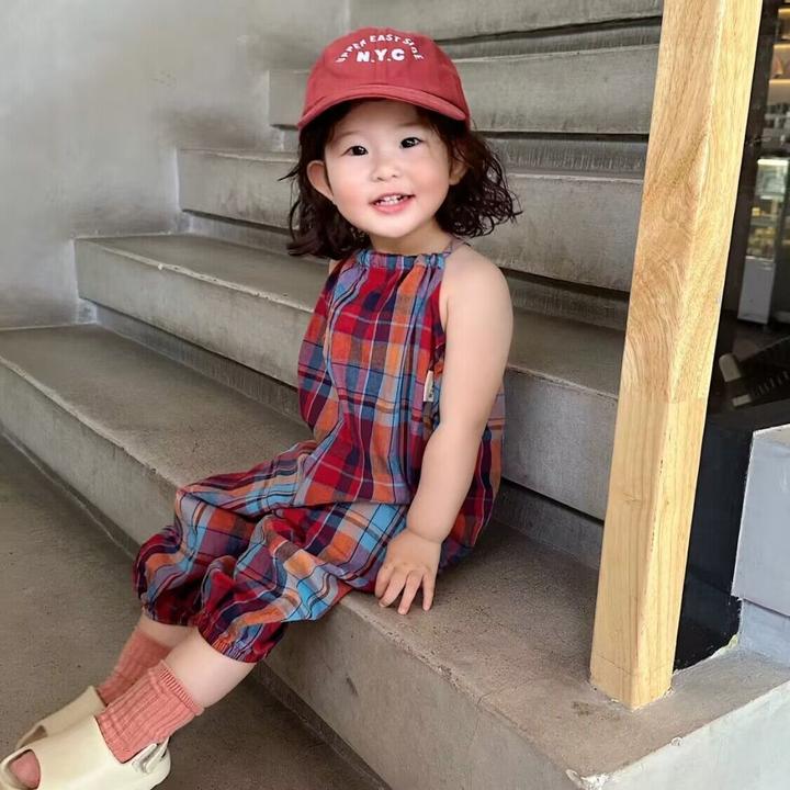 韩国童装女童背带裤夏季薄款中小童宝韩版宽松洋气格子连体九分裤