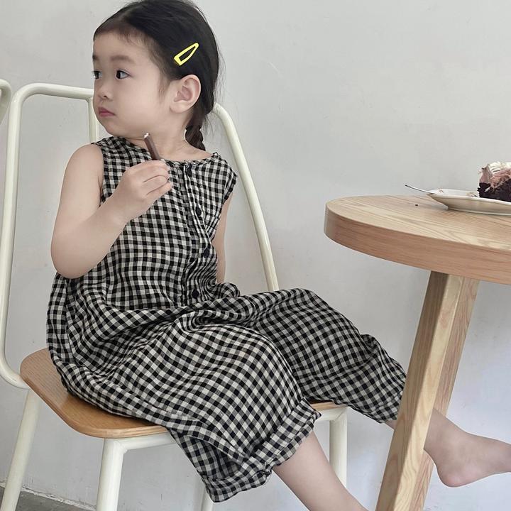 韩国童装男女童连体裤夏季薄款儿童宝宝洋气宽松格子九分背带裤子