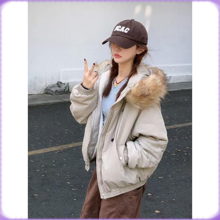 个性工装学生棉服外套女美式派克服加厚棉袄宽松毛领棉衣防风连帽