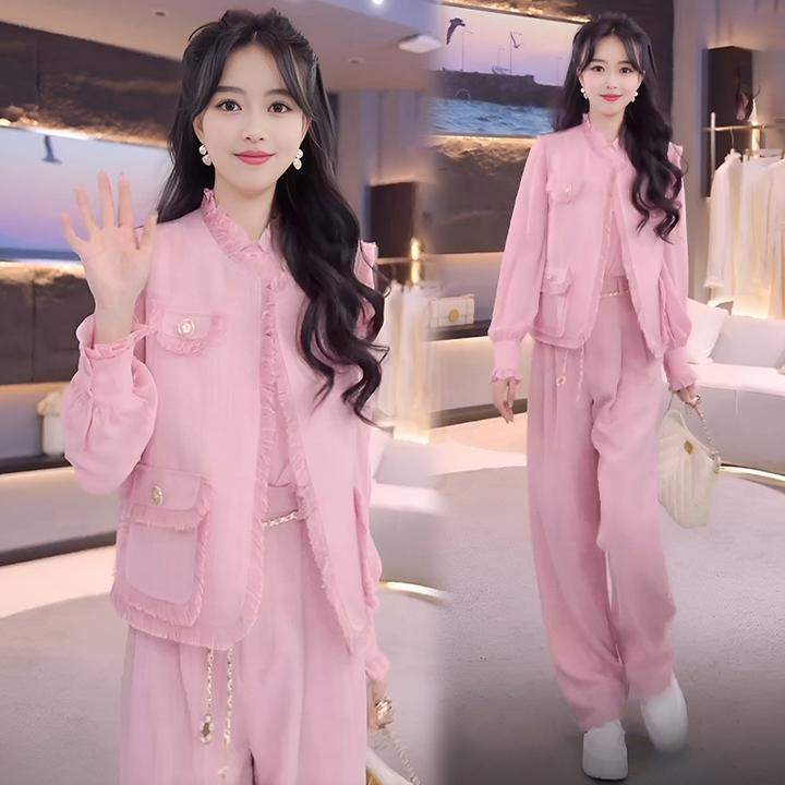 温柔系小香风套装女装2024春秋新款洋气百搭马甲垂感直筒裤三件套