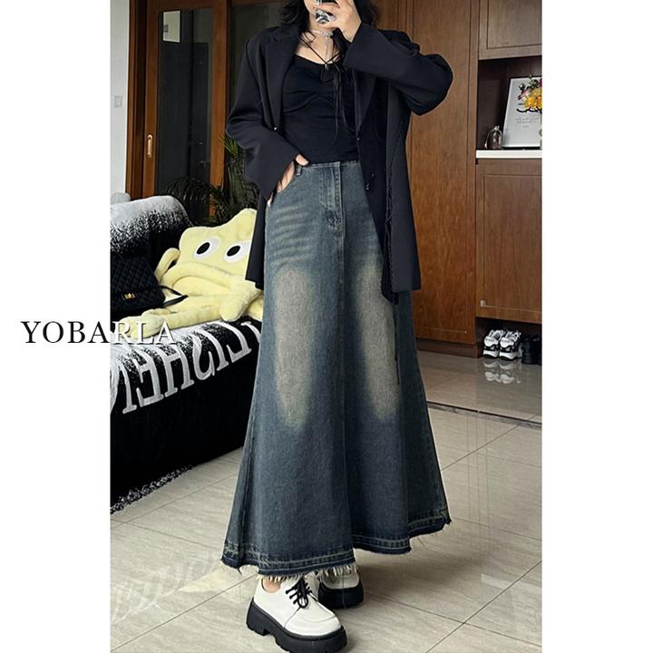 高腰复古牛仔裙秋冬新款大码宽松显瘦a字中长款半身小个子半身裙