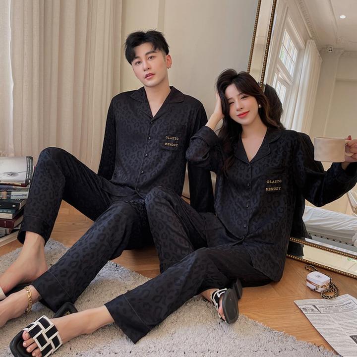 女士男士薄款冰雪丝豹纹提花舒适长袖透气轻奢气场睡衣男士家居服