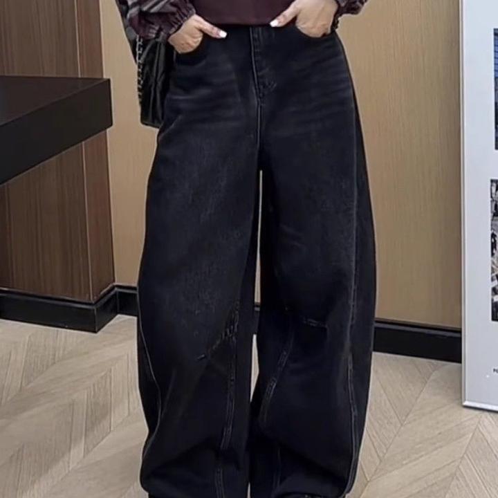 大码窄版阔腿牛仔裤子女梨形身材显瘦秋季新款萝卜裤宽松弯刀裤子