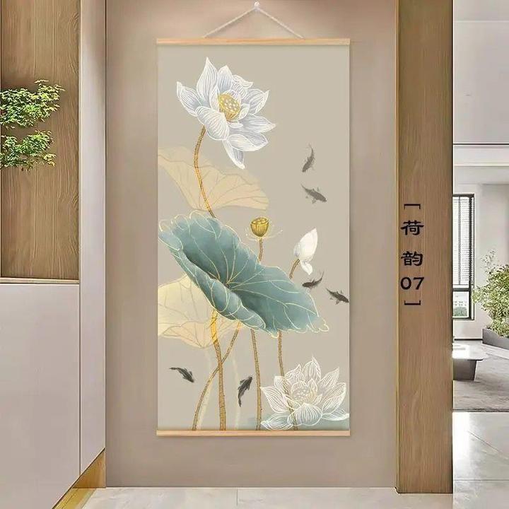新中式荷花系列实木卷轴挂画玄关装饰画布艺免打孔客厅走廊墙壁画