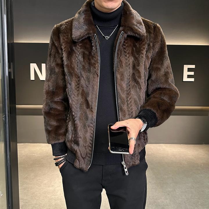 冬季新款翻领皮毛一体仿皮草加厚保暖夹克外套冬装男款加绒外套男