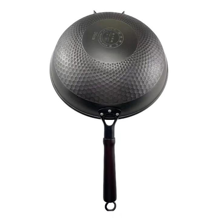 陆川铁锅手柄棱形防滑工艺圆底无涂层铁锅防耐用烫手柄物理不沾锅