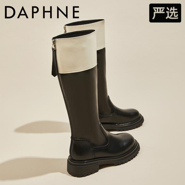 达芙妮撞色长靴英伦百搭时尚粗跟骑士靴2025冬季新款美式复古靴女