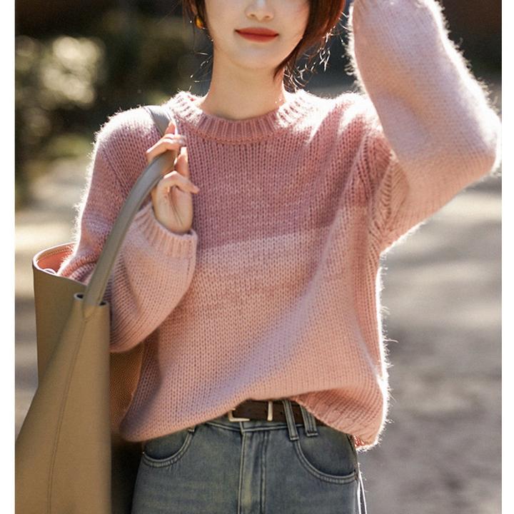 温暖治愈/渐变色 浪漫复古奢软绵毛衣 宽松显瘦圆领针织衫女秋冬