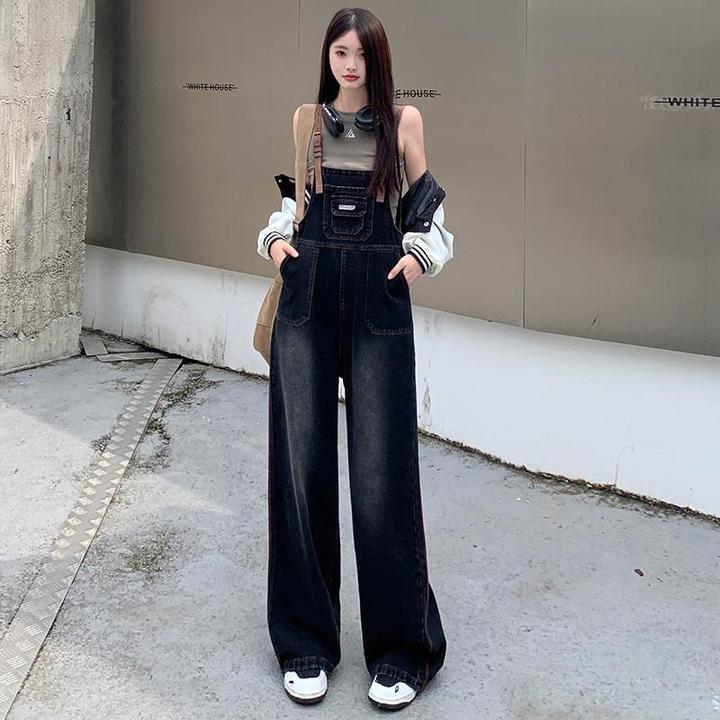 2025春季松墨黑牛仔背带裤女新款宽松显瘦慵懒风阔腿时尚连体裤子