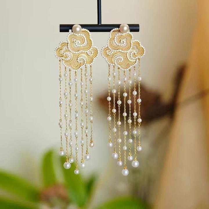 铜合金吊坠 新中式祥云流苏国潮复古精致气质百搭高级感耳环耳饰