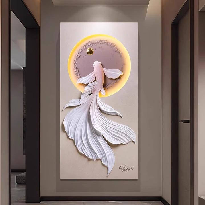 入户玄关锦鲤鱼立体装饰画走廊过道浮雕挂画客厅背景墙灯画工艺画