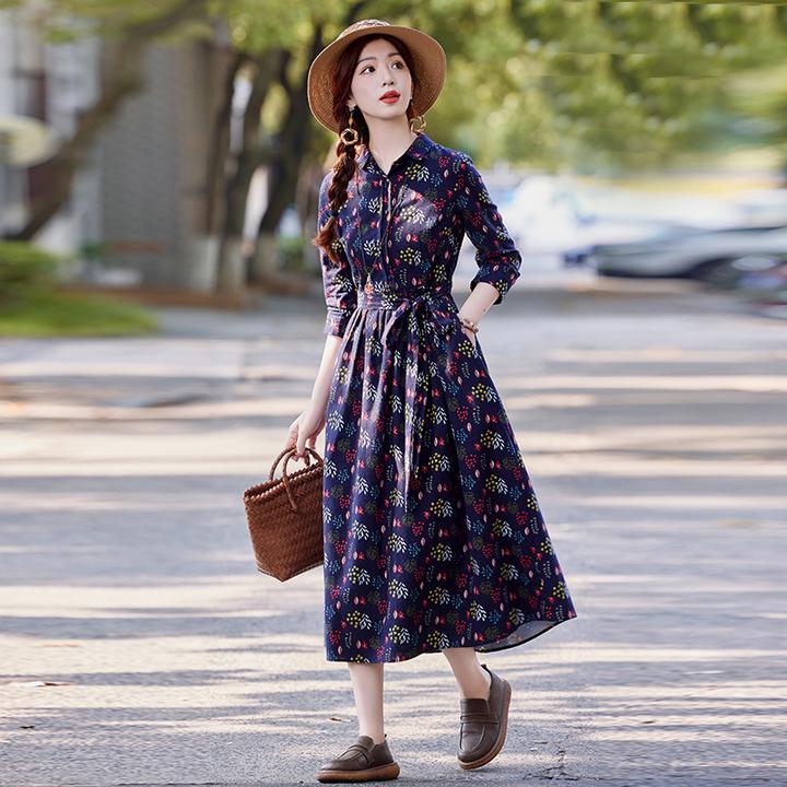 早秋长袖棉麻碎花连衣裙女2024秋季新款洋气减龄收腰显瘦衬衫裙子