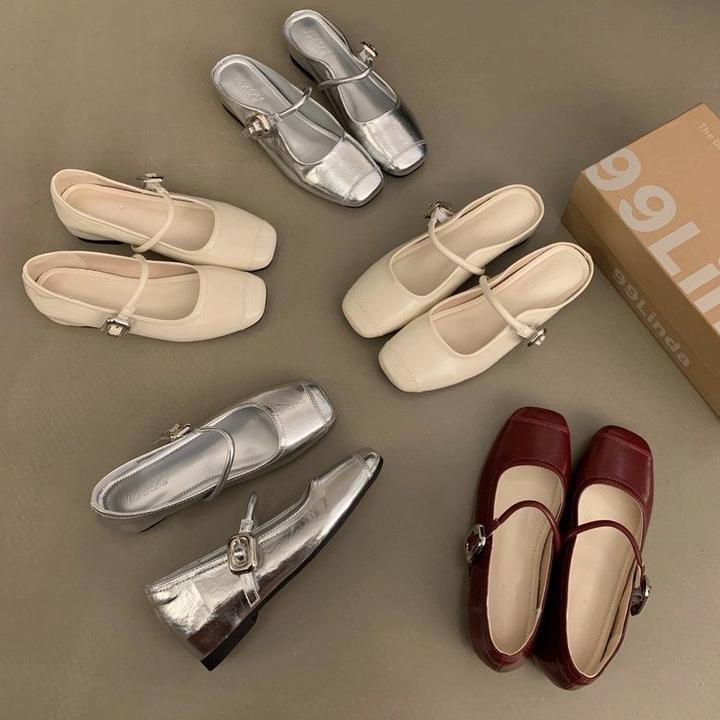韩版一字带玛丽珍单鞋女2025夏季款法式银色时尚半拖鞋包头凉拖女