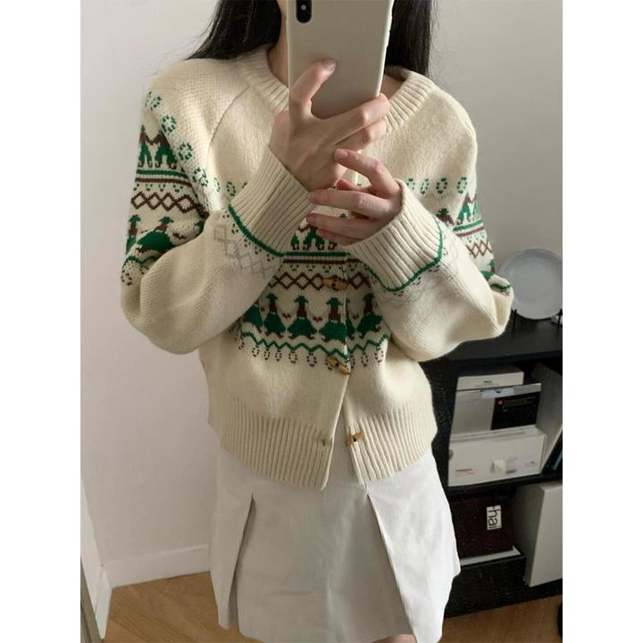 费尔岛牛角扣软糯毛衣外套女秋冬加厚圣诞氛围感宽松短款针织开衫