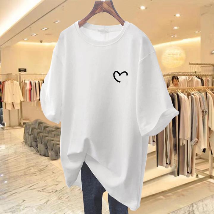小爱心白色中长款短袖t恤女夏季2024欧货大版宽松棉质感上衣ins潮